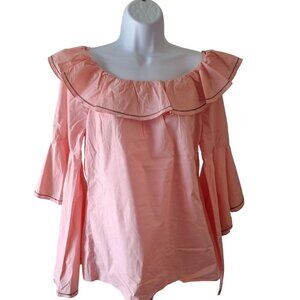 V Cristina Womens Off Shoulder Peplum Top M Pink Ruffle Bell Sleeve Boho Chic